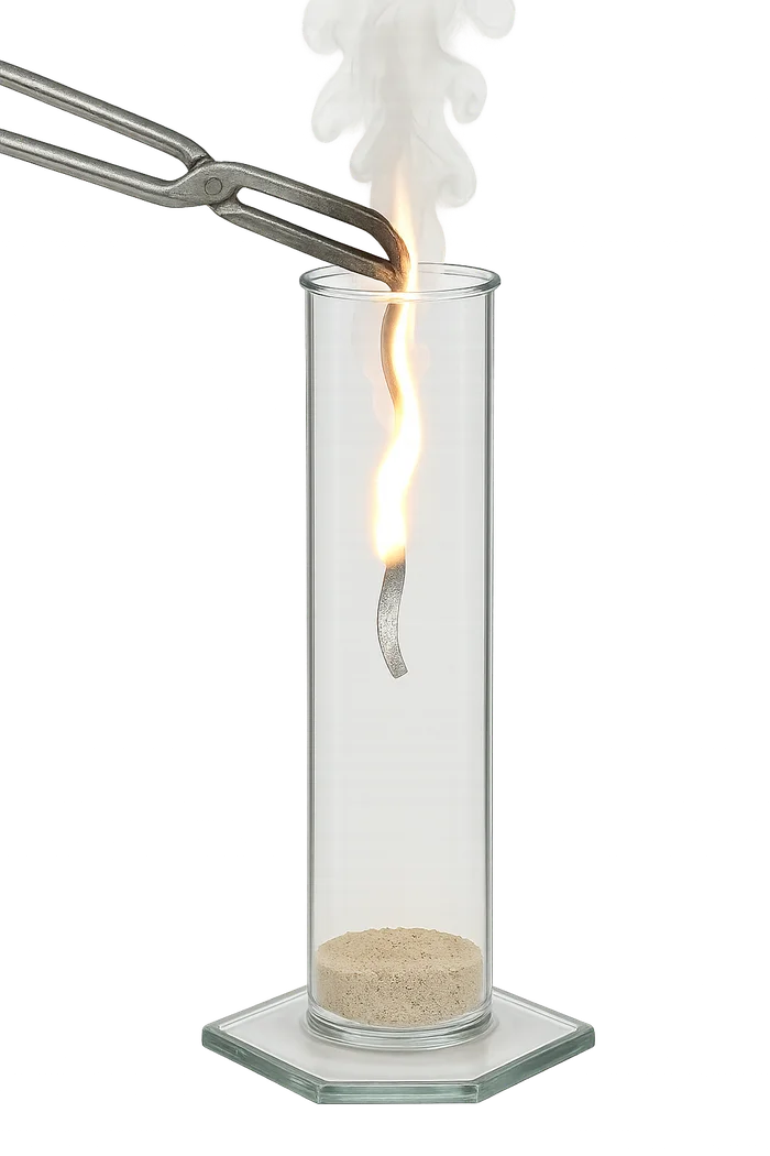 Ein Magnesiumband wird mit einer Tiegelzange in ein Standzylinder gehalten und brennt dort mit heller, weißer Flamme ab.