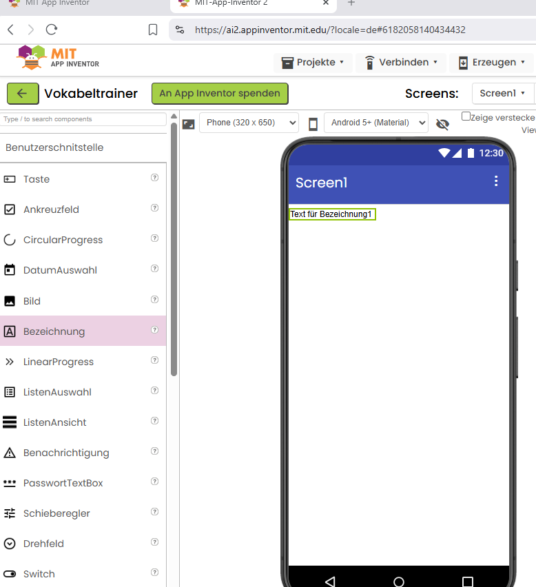 Bezeichnung-Element aus der linken Palette in die App-Mitte ziehen