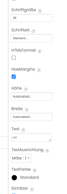 Eigenschaftenbereich rechts mit Text=cat, SchriftGröße=36, TextAusrichtung=Mitte