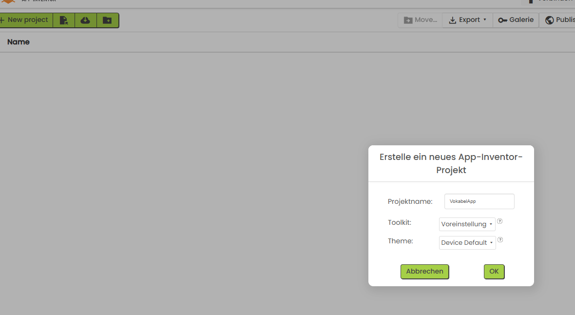 Neues Projekt anlegen Dialog