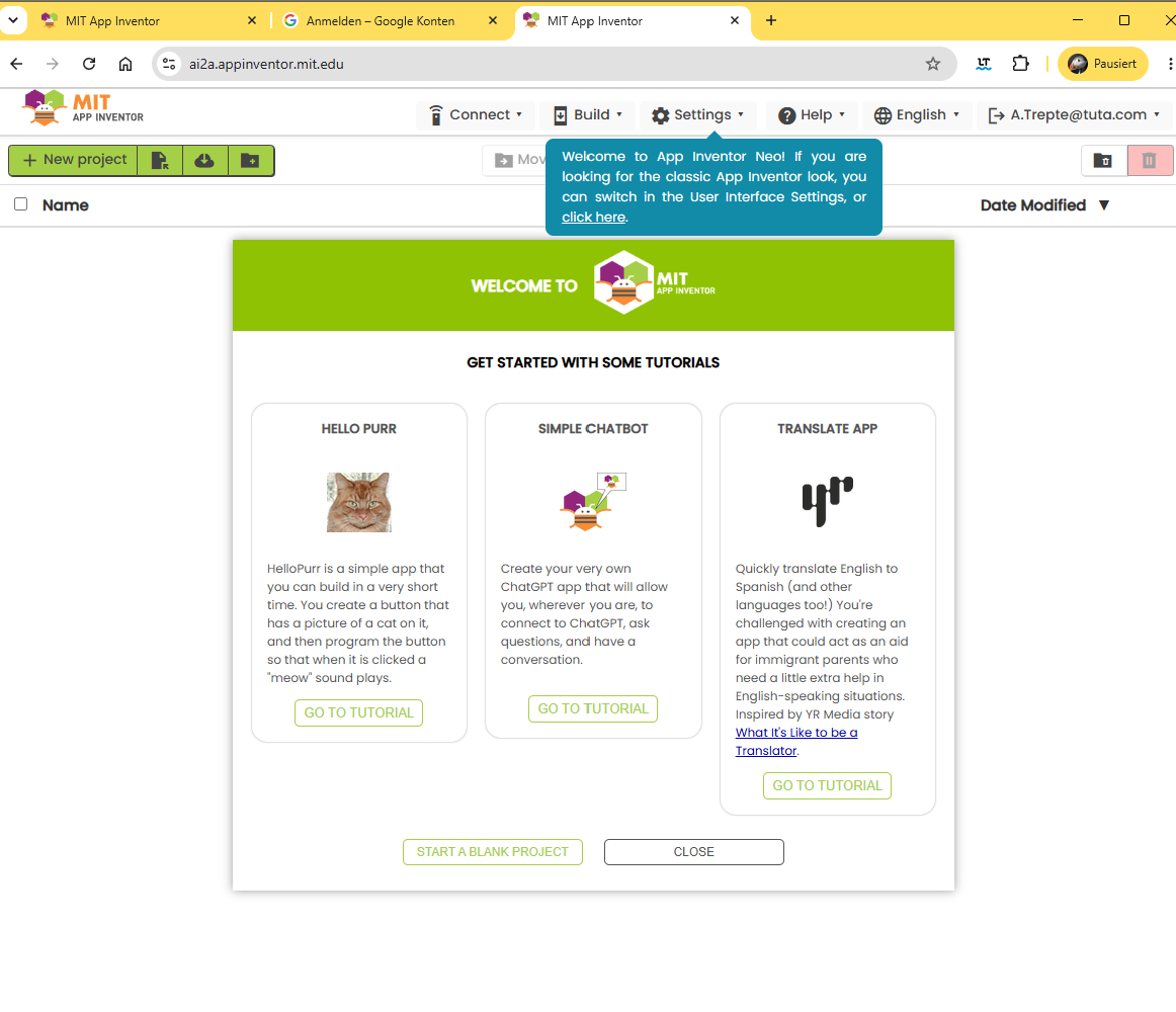 MIT App Inventor nach Login
