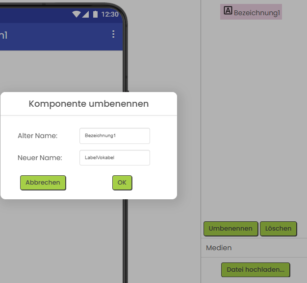 Dialog Komponente umbenennen: Bezeichnung1 → LabelVokabel