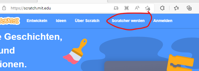 Scratch-Website mit markiertem Button 'Scratcher werden'