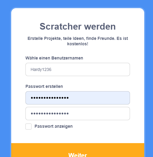 Formular 'Scratcher werden' mit Feldern für Benutzername und Passwort