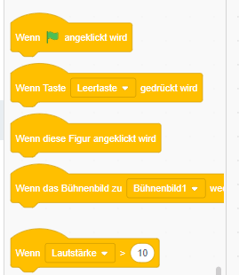 Verschiedene Wenn-Blöcke: Wenn Flagge angeklickt, Wenn Taste gedrückt, Wenn Figur angeklickt usw.
