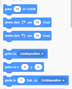 Blaue Bewegungsblöcke: gehe Schritte, drehe dich, gehe zu Zufallsposition usw.