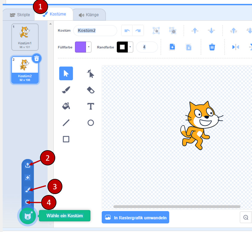 Kostüm-Editor in Scratch: zwei Kostüme der Katze, Zeichenwerkzeuge, Optionen zum Hinzufügen neuer Kostüme