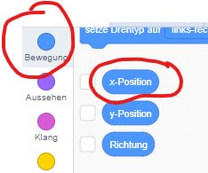 Bewegung-Kategorie mit x-Position, y-Position und Richtung hervorgehoben