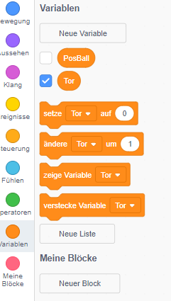Variablen-Kategorie in Scratch mit den Blöcken setze Tor auf 0, ändere Tor um 1, zeige Variable Tor
