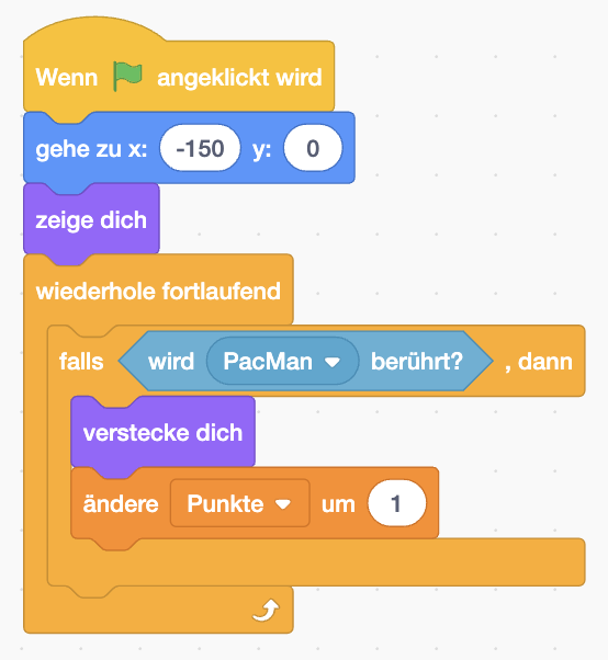 Scratch-Skript für ein Nugget: Wenn Flagge angeklickt, gehe zu x:-150 y:0, zeige dich, wiederhole fortlaufend, falls wird PacMan berührt? dann verstecke dich und ändere Punkte um 1