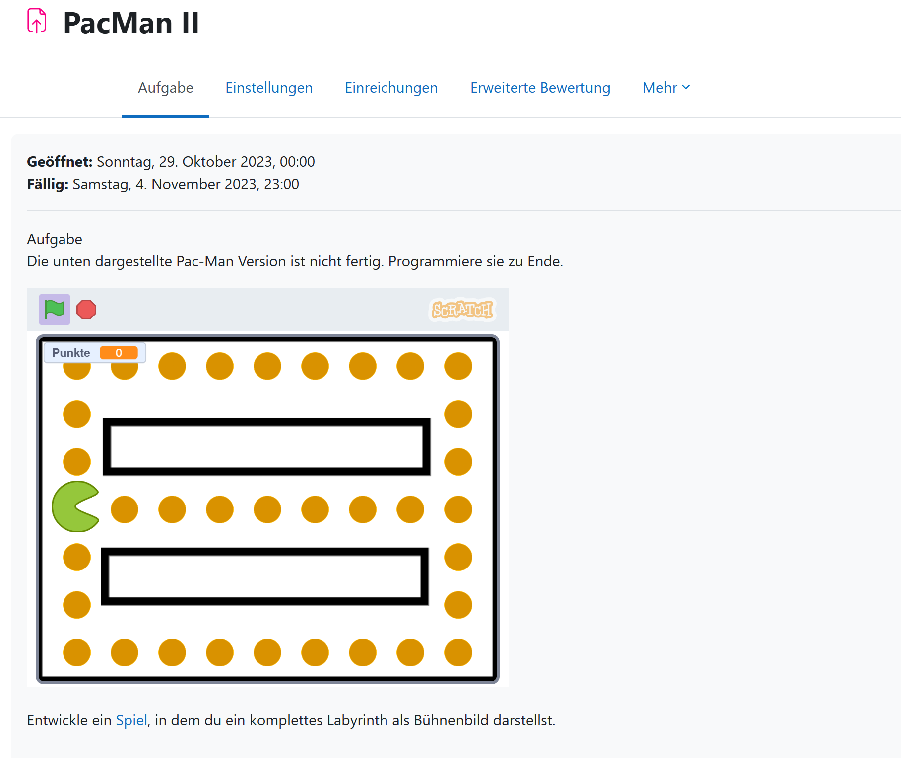 Moodle-Aufgabe PacMan II: Entwickle ein Spiel, in dem du ein komplettes Labyrinth als Bühnenbild darstellst