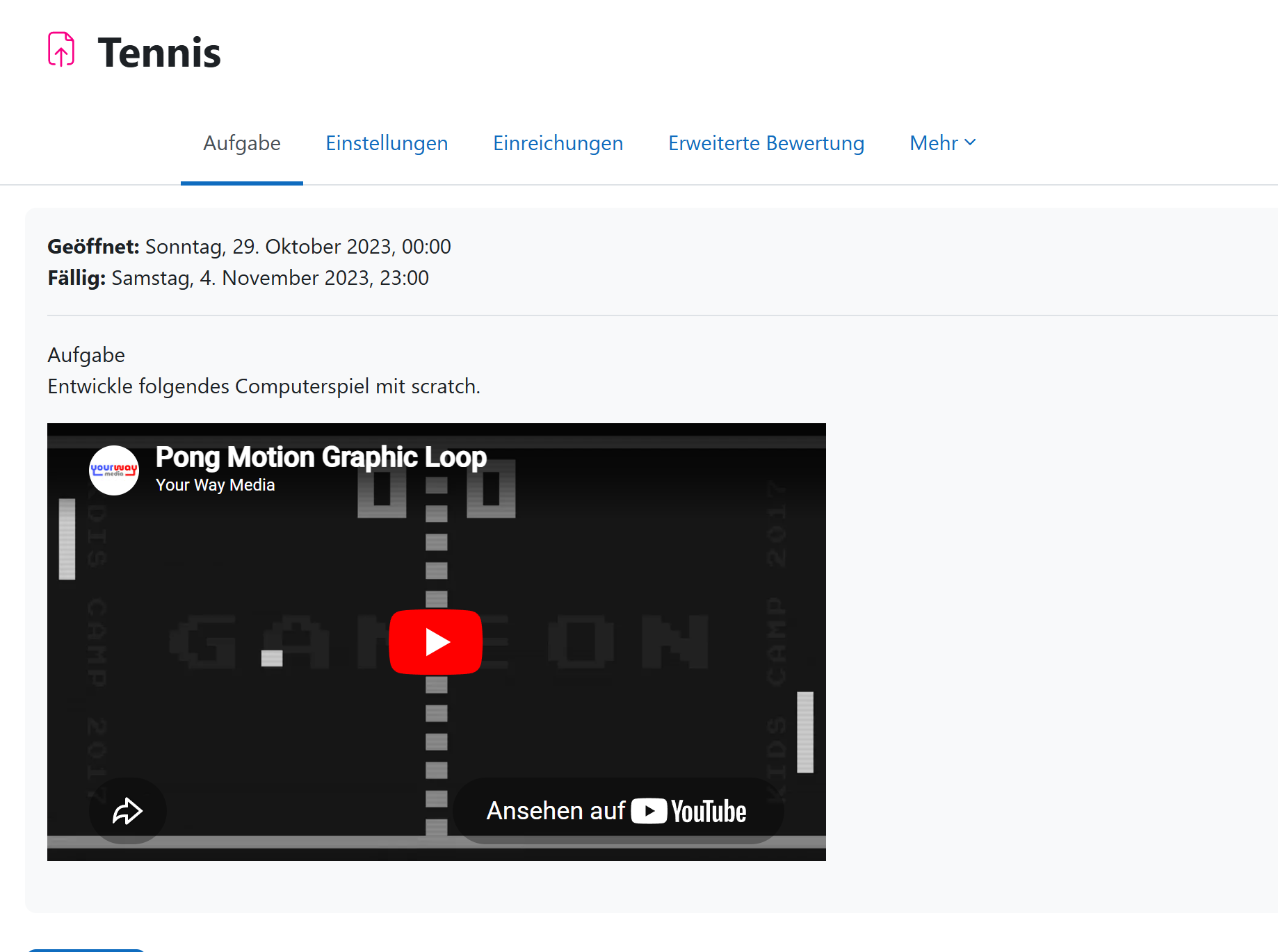 Moodle-Aufgabe Tennis: Entwickle folgendes Computerspiel mit Scratch