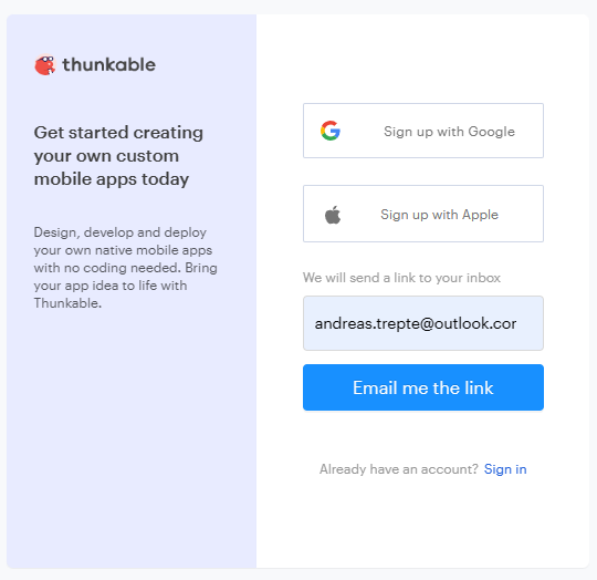 Thunkable Anmeldeseite mit Google, Apple und E-Mail-Option