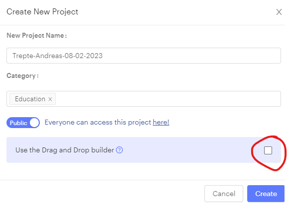 Thunkable Create New Project Dialog: Projektname, Category Education, Haken entfernt