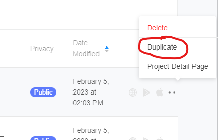 Thunkable Projektliste mit Duplicate-Option im Kontextmenü