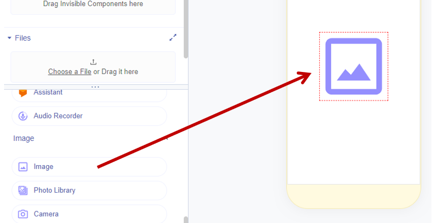 Image-Element wird per Drag-and-Drop aus der linken Spalte in den Screen-Canvas gezogen