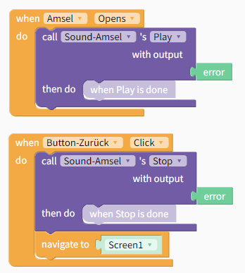 Zwei Blöcke: when Amsel Opens → Sound-Amsel Play; when Button-Zurück Click → Sound-Amsel Stop → navigate to Screen1