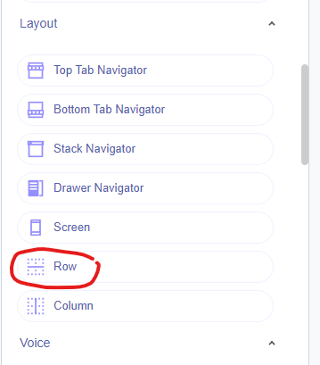 Thunkable Layout-Menü mit Row eingekreist