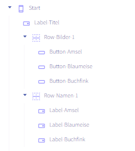 Komponentenbaum der Startseite: Start > Label Titel, Row Bilder 1 (Button Amsel, Button Blaumeise, Button Buchfink), Row Namen 1 (Label Amsel, Label Blaumeise, Label Buchfink)