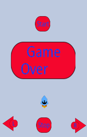App-Mockup: Game-Over-Button oben, Raumschiff in der Mitte, Start unten Mitte, Links-Pfeil unten links, Stop unten Mitte, Rechts-Pfeil unten rechts