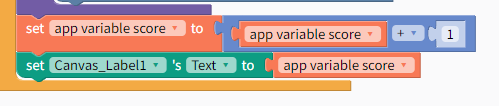 score um 1 erhöhen: set app variable score to app variable score + 1, dann Canvas_Label1 Text auf score setzen