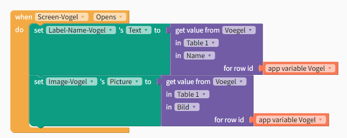 when Screen-Vogel Opens: set Label-Name-Vogel Text to get value from Voegel in Table 1 in Name for row id app variable Vogel; set Image-Vogel Picture to get value from Voegel in Table 1 in Bild for row id app variable Vogel