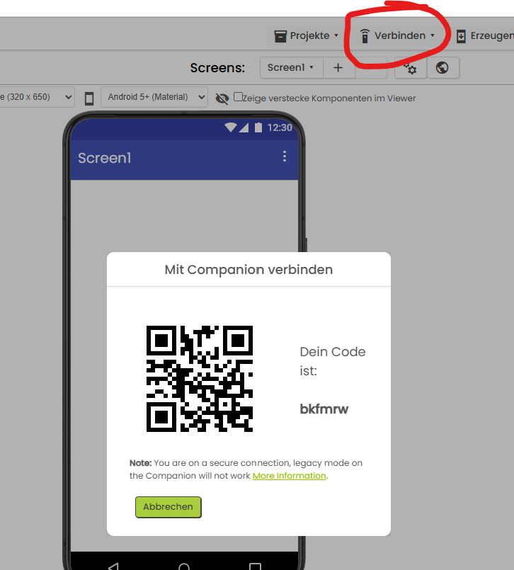 Verbinden-Menü in App Inventor